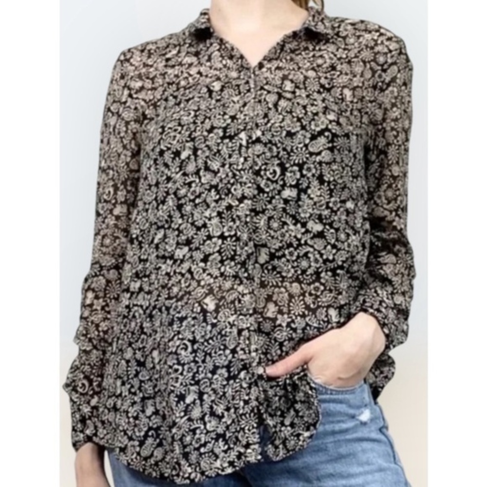 Anthro Hei Hei 100% Cotton Black Floral Long Sleeve Button Front Top M